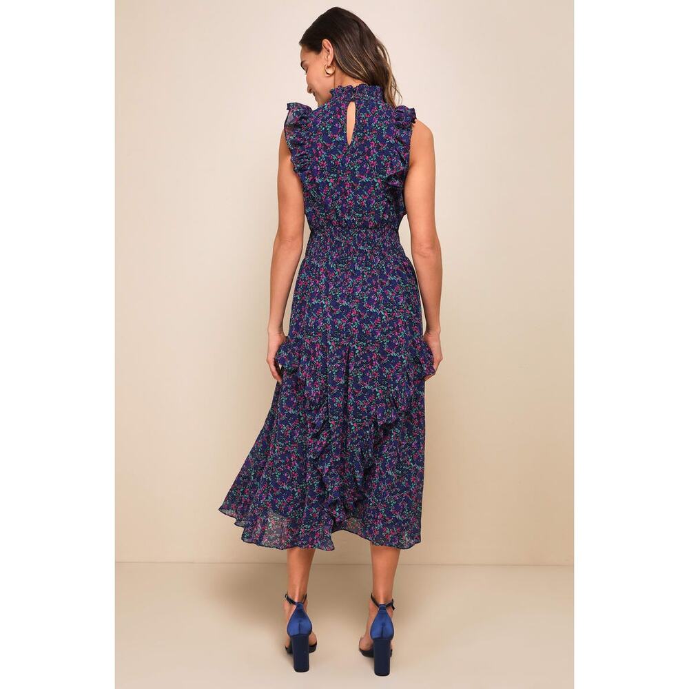 Lulus Evalina Navy Blue Floral Print Mock Neck Sleeveless Ruffle Midi Dress XS - Picture 4 of 16